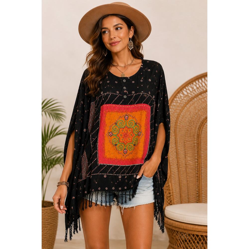 Fashion Bug Boho Rayon Fringe Poncho Top Cover Up One Size Black Mandala